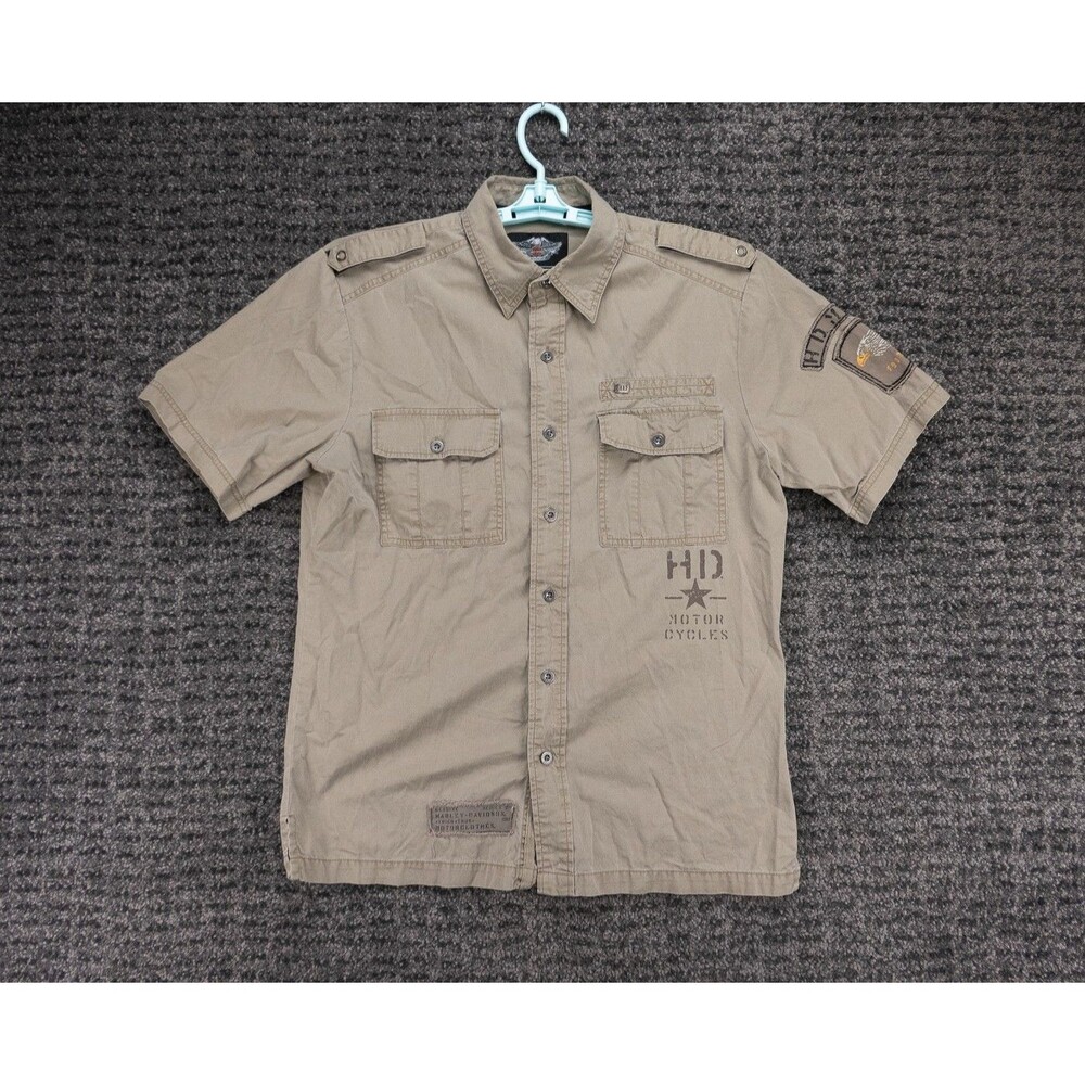Harley Davidson Shirt Mens Medium Beige Short Sleeve Shoulder Tabs Patches Logo